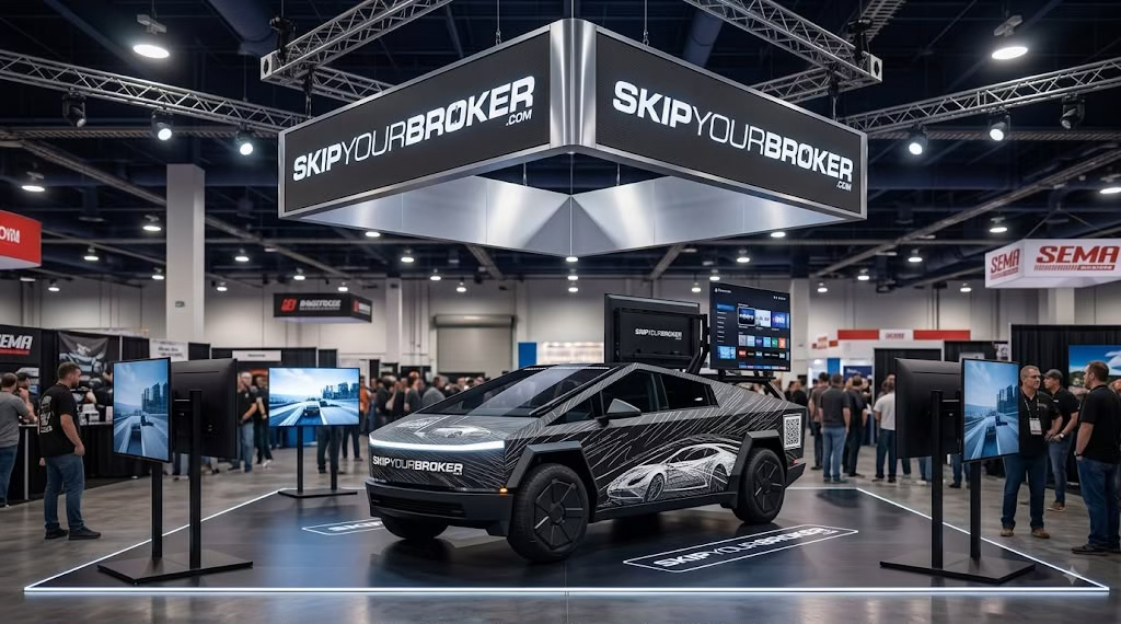 Concept preview of the Skip Your Broker exhibit at SEMA Show 2026